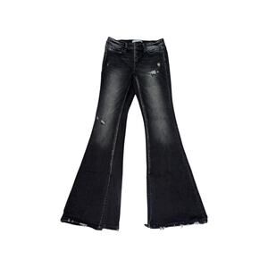 Flying Monkey Mid-Rise Flare Stretch Jeans Wind Snap Faded Chewed Hem Ripped 26